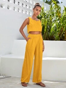 SHEIN VCAY 素色後背開衩上衣&闊腿褲 - 黃色 - 查看 4