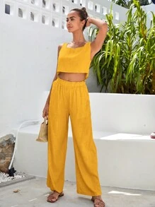 SHEIN VCAY 素色後背開衩上衣&闊腿褲 - 黃色 - 查看 5