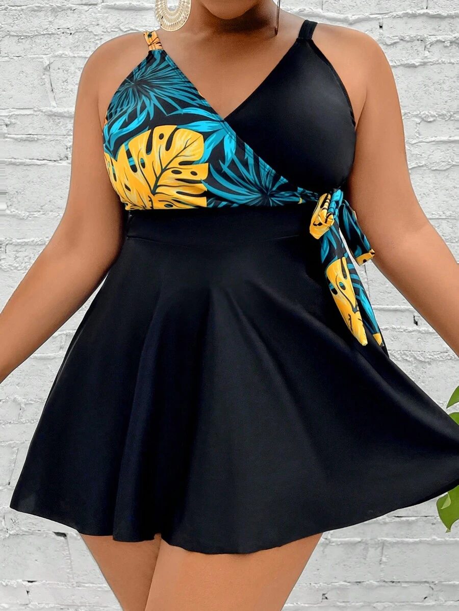 SHEIN Swim Curve Plus Size Tropical Print Knot Side Tankini Summer Beach - Black - View 1