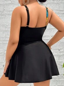 SHEIN Swim Curve Plus Size Tropical Print Knot Side Tankini Summer Beach - Black - View 2