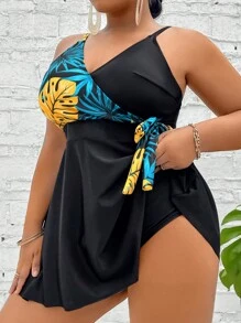 SHEIN Swim Curve Plus Size Tropical Print Knot Side Tankini Summer Beach - Black - View 3