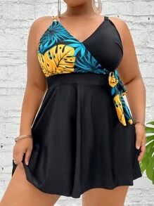 SHEIN Swim Curve Plus Size Tropical Print Knot Side Tankini Summer Beach - Black - View 4