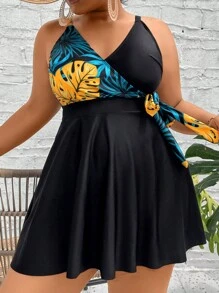 SHEIN Swim Curve Plus Size Tropical Print Knot Side Tankini Summer Beach - Black - View 5