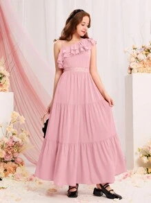 SHEIN 青少年女孩不規則肩荷葉邊連衣裙 - 藕粉色 - 查看 1