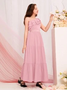 SHEIN 青少年女孩不規則肩荷葉邊連衣裙 - 藕粉色 - 查看 3