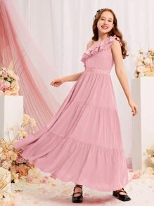 SHEIN 青少年女孩不規則肩荷葉邊連衣裙 - 藕粉色 - 查看 4