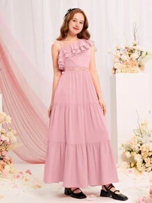SHEIN 青少年女孩不規則肩荷葉邊連衣裙 - 藕粉色 - 查看 5