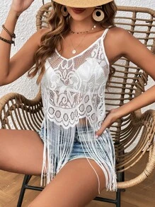 SHEIN VCAY Fringe Hem Lace Cami Top Without Bra - White - View 1