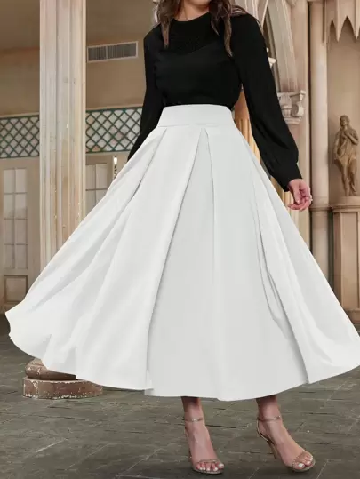 Modelyn 女士高腰褶皱纯色 A 字中长裙，优雅通勤日常穿着