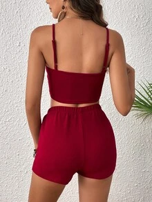 SHEIN VCAY Paisley Print Cami Top & Shorts - Burgundy - View 2