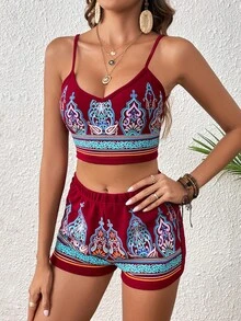 SHEIN VCAY Paisley Print Cami Top & Shorts - Burgundy - View 4