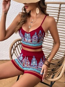 SHEIN VCAY Paisley Print Cami Top & Shorts - Burgundy - View 5