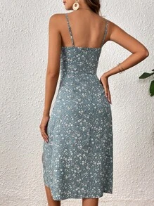 SHEIN VCAY 小花卉印花浪漫前結分叉大腿夏季女士背心連身裙 - 霧霾藍 - 查看 2