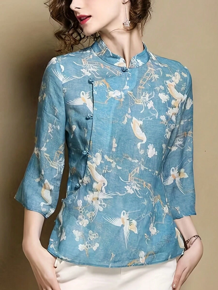 Floral Print Mandarin Collar Blouse - Blue - View 1