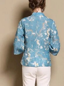 Floral Print Mandarin Collar Blouse - Blue - View 2