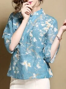 Floral Print Mandarin Collar Blouse - Blue - View 3