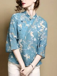 Floral Print Mandarin Collar Blouse - Blue - View 4