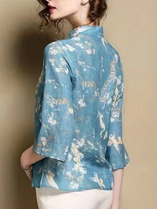 Floral Print Mandarin Collar Blouse - Blue - View 5