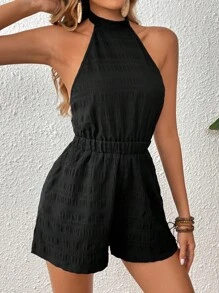 SHEIN VCAY Áo liền quần nữ Lộ Lưng Buộc lại màu trơn Gợi cảm - màu đen - Xem 3