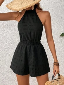 SHEIN VCAY Áo liền quần nữ Lộ Lưng Buộc lại màu trơn Gợi cảm - màu đen - Xem 6