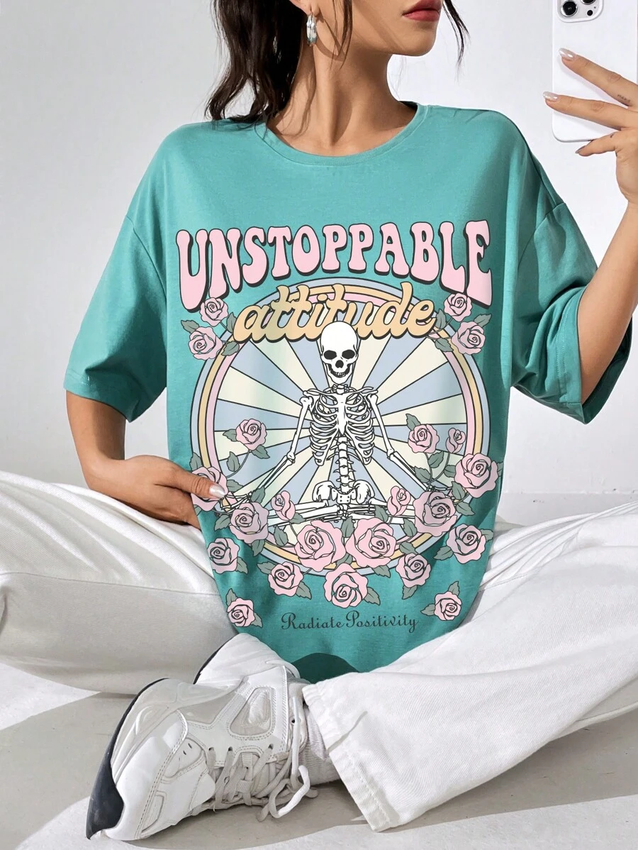 SHEIN EZwear Floral & Slogan Graphic Drop Shoulder Oversized Tee - Mint Green - View 1