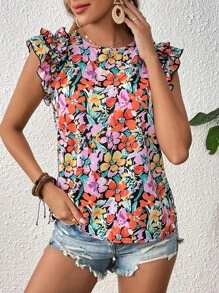 SHEIN VCAY Allover Floral Print Ruffle Trim Blouse - Multicolor - View 3