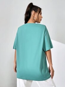 SHEIN EZwear Floral & Slogan Graphic Drop Shoulder Oversized Tee - Mint Green - View 2