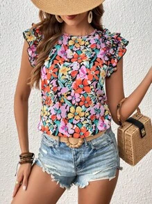 SHEIN VCAY Allover Floral Print Ruffle Trim Blouse - Multicolor - View 4