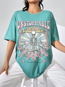 SHEIN EZwear Floral & Slogan Graphic Drop Shoulder Oversized Tee - Mint Green - View 3