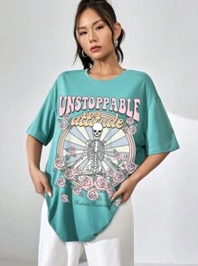 SHEIN EZwear Floral & Slogan Graphic Drop Shoulder Oversized Tee - Mint Green - View 4