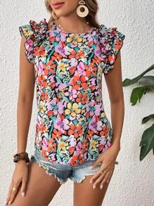 SHEIN VCAY Allover Floral Print Ruffle Trim Blouse - Multicolor - View 6