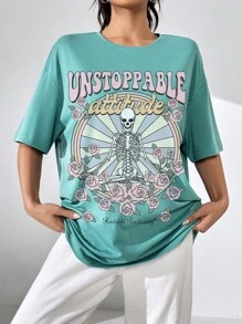 SHEIN EZwear Floral & Slogan Graphic Drop Shoulder Oversized Tee - Mint Green - View 5