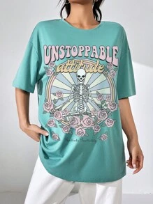 SHEIN EZwear Floral & Slogan Graphic Drop Shoulder Oversized Tee - Mint Green - View 7