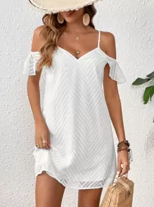 SHEIN VCAY Vestido de cheurón jacquard de hombros descubiertos ribete con fruncido - Blanco - Ver 1