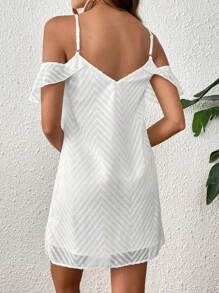 SHEIN VCAY Vestido de cheurón jacquard de hombros descubiertos ribete con fruncido - Blanco - Ver 2