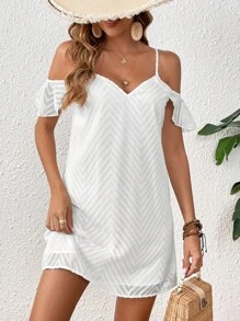 SHEIN VCAY Vestido de cheurón jacquard de hombros descubiertos ribete con fruncido - Blanco - Ver 6