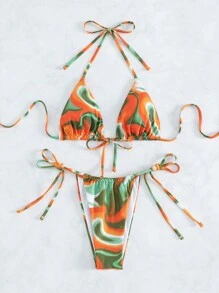 Allover Print Halter Triangle Tie Side Summer Beach Bikini Set - Multicolor - View 3