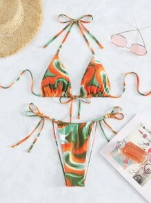 Allover Print Halter Triangle Tie Side Summer Beach Bikini Set - Multicolor - View 5