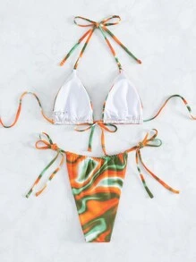 Allover Print Halter Triangle Tie Side Summer Beach Bikini Set - Multicolor - View 6