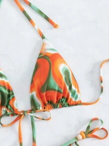 Allover Print Halter Triangle Tie Side Summer Beach Bikini Set - Multicolor - View 7