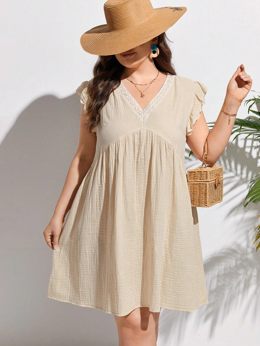 SHEIN Frenchy Plus Contrast Lace Ruffle Trim Smock Dress