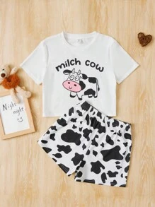 SHEIN Tween meisje Koe & Letter-afbeelding Pyjamaset