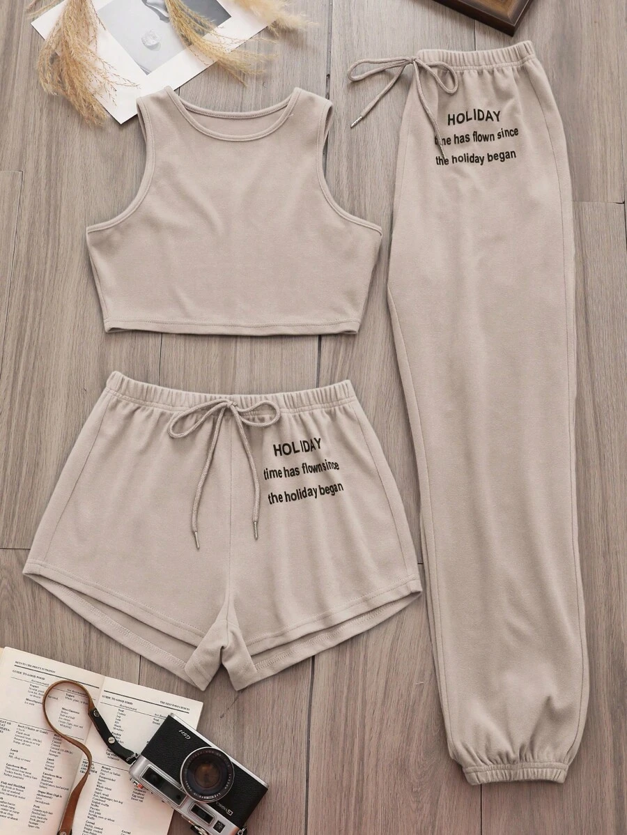 標語圖案腰上打結休閒服套裝 - 杏色 - 查看 1