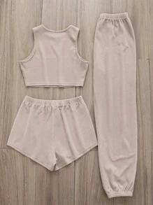 標語圖案腰上打結休閒服套裝 - 杏色 - 查看 2