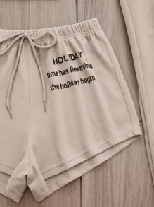 標語圖案腰上打結休閒服套裝 - 杏色 - 查看 3