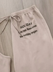 標語圖案腰上打結休閒服套裝 - 杏色 - 查看 4