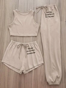 標語圖案腰上打結休閒服套裝 - 杏色 - 查看 5