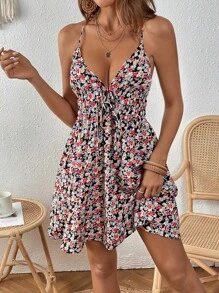 SHEIN VCAY Allover Floral Print Knot Front Cami Dress - Multicolor - View 3