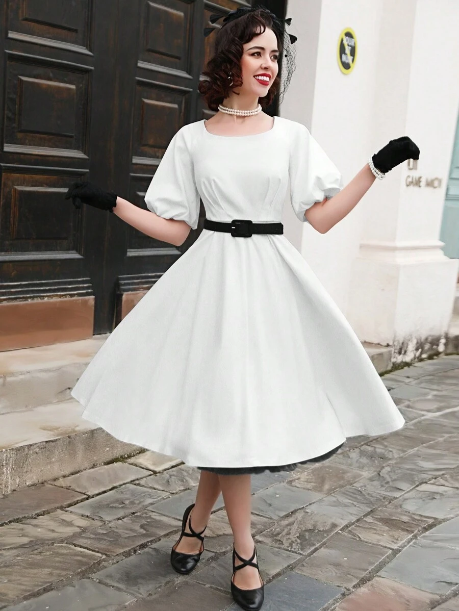 MUXXN Square Neck Puff Sleeve Buckle Belted Dress - White - View 1