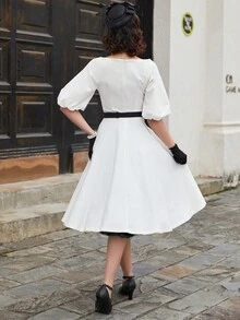 MUXXN Square Neck Puff Sleeve Buckle Belted Dress - White - View 2